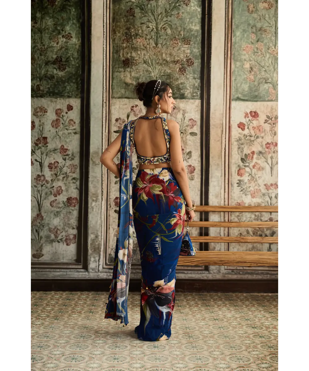 DIYARAJVVIR - Blue Floral Printed Skirt Saree Set